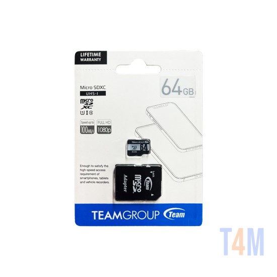 Cartão de Memória Micro SD Team Group 64GB UHS-I U1 Classe 10 com Adaptador